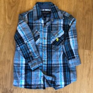 US Polo Assn button up plaid shirt black blue grey and yellow accents 4 T